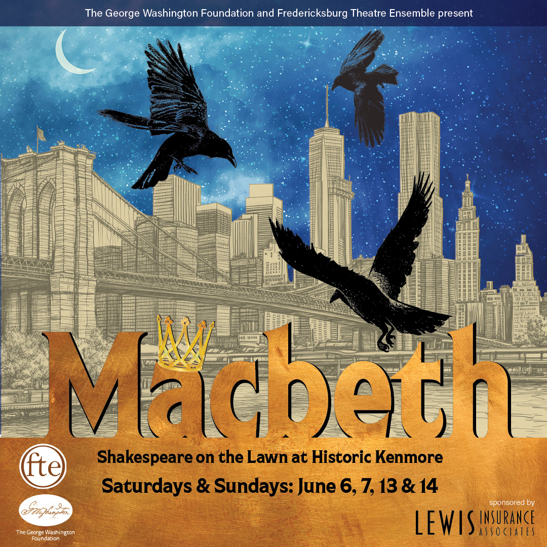 Macbeth performance flyer with an old building, crows, and a starry night sky.