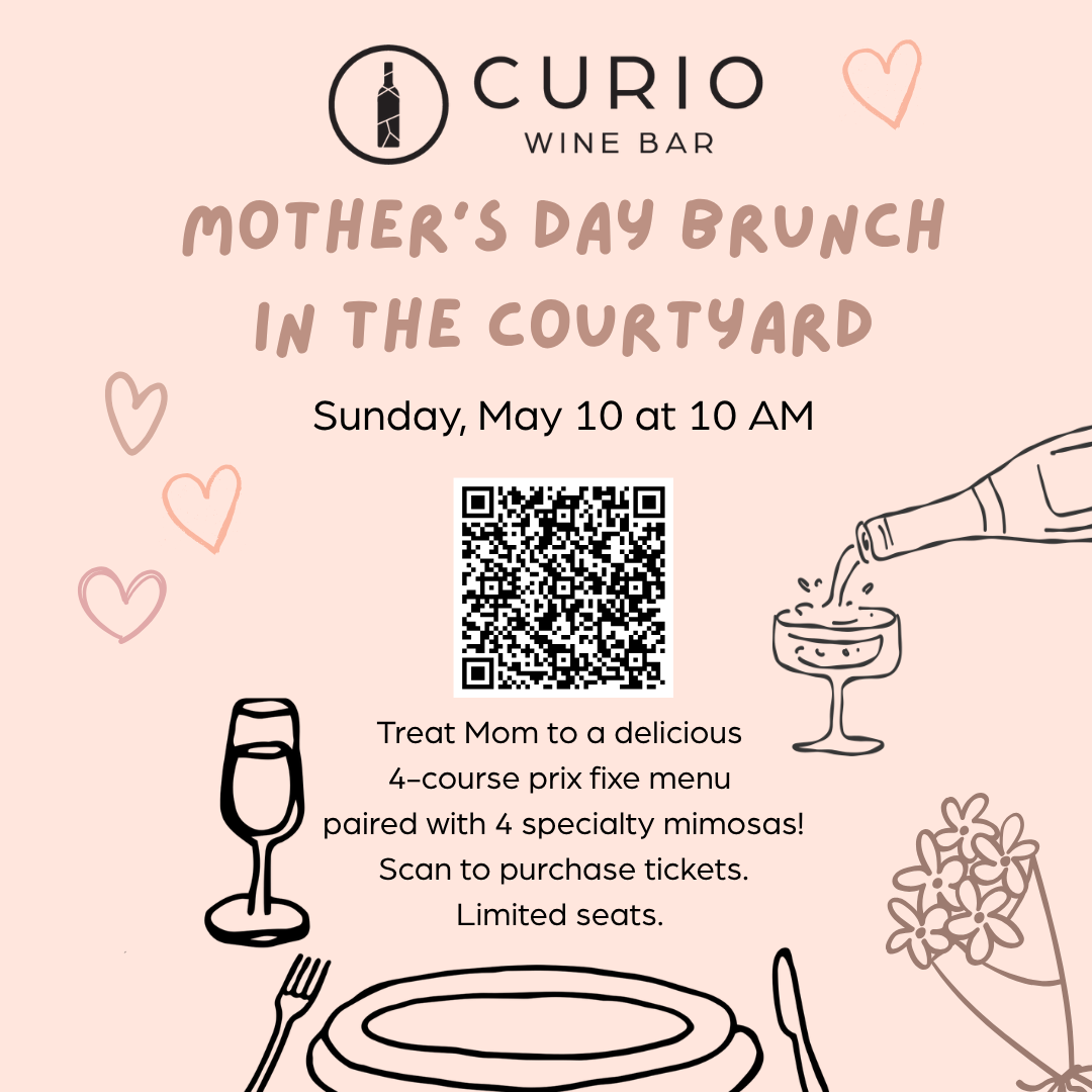 Pink graphic for Curio's mother's day brunch with illustrations of wine glasses.