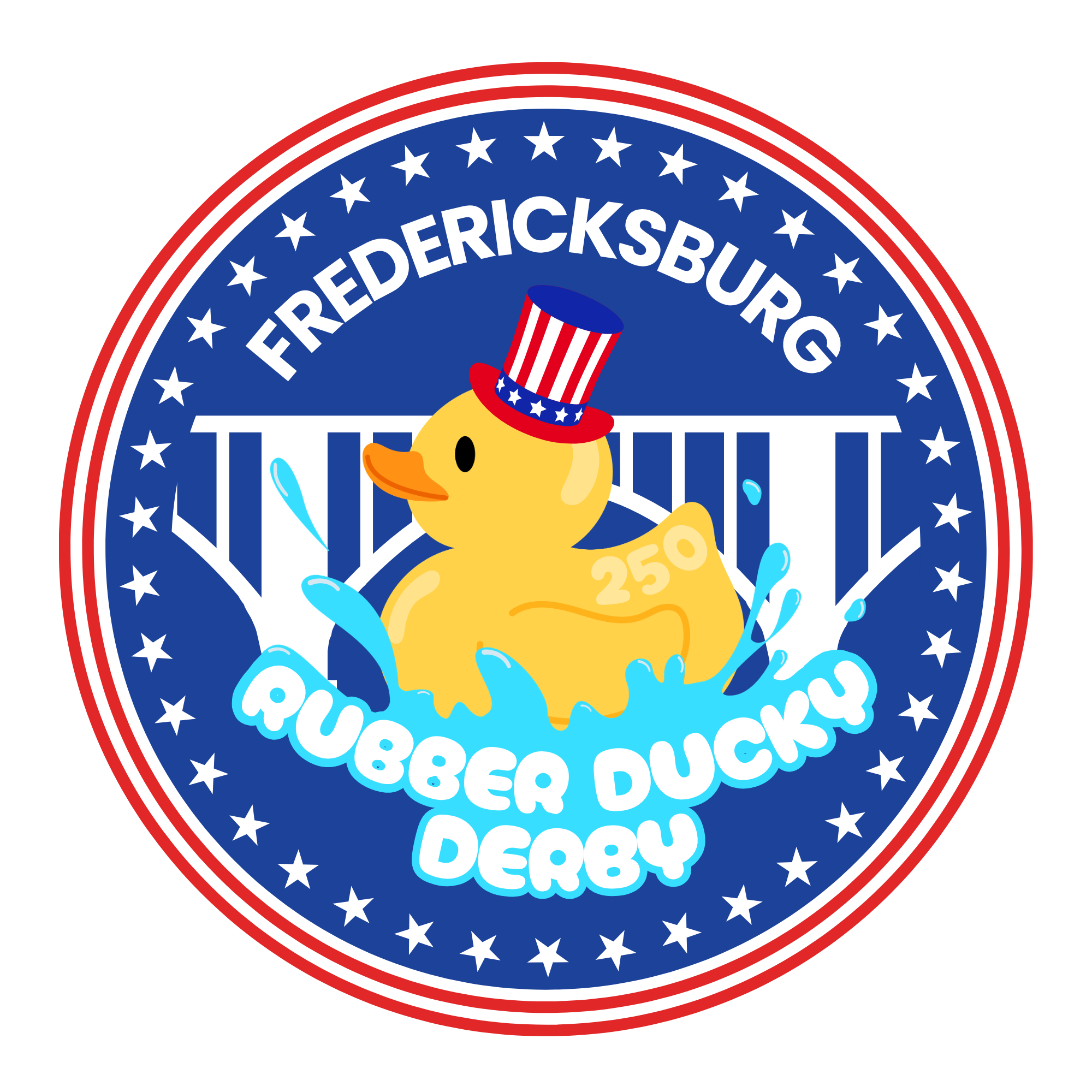 Rubber Ducky (4) Yellow rubber duck with 250 on its back wearing a patriotic hat in the water in front of a white bridge. Fredericksburg Rubber Ducky Derby text.