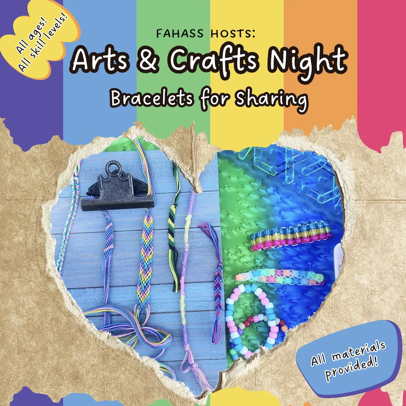 Woven bracelets on a flyer for an arts and craft night with a rainbow border.