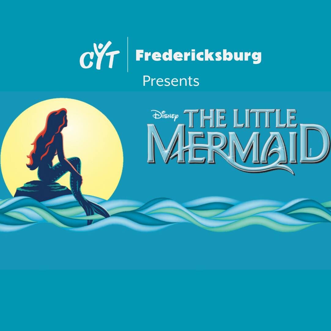 CYT Presents The Little Mermaid. Mermaid sitting on a rock above the water in front of the sun.