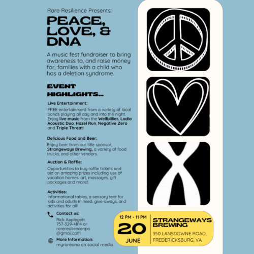 Peace, Love, & DNA music fest flyer with event highlights.