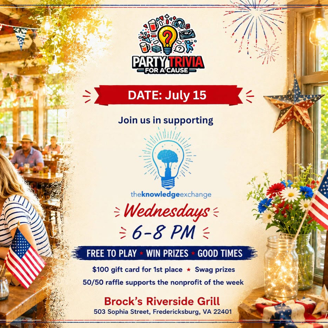 Party Trivia for a Cause event flyer with date July 15, time Wednesdays 6-8 PM, location Brock's Riverside Grill, and details about prizes and supporting a nonprofit. The flyer has a patriotic theme with fireworks and American flags.
