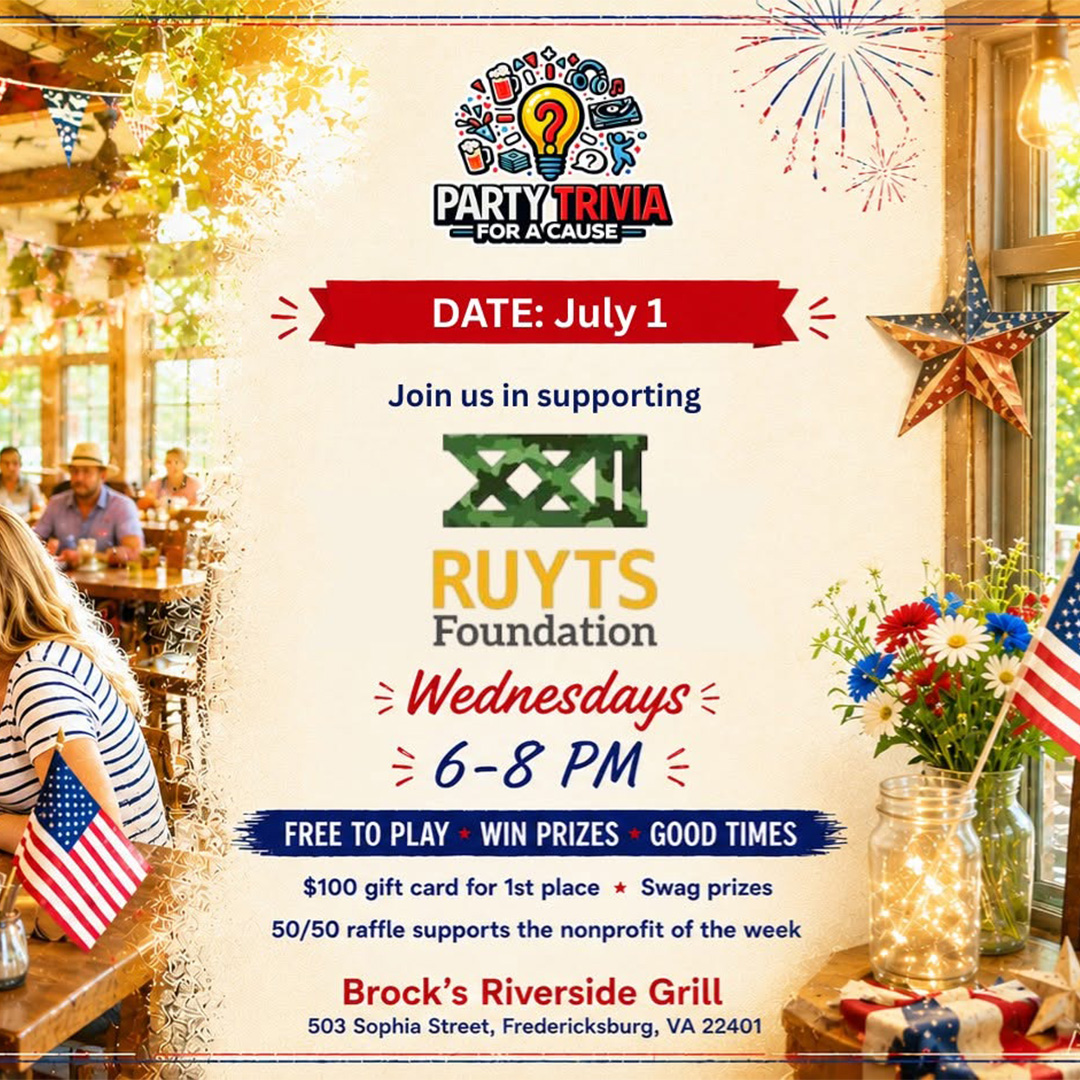 Poster for Party Trivia for a Cause on July 1st, supporting the RUYTS Foundation. Event is Wednesdays from 6-8 PM at Brock's Riverside Grill, Fredericksburg, VA. Features free play, prizes, and good times. Includes details on gift cards, swag, and a 50/50 raffle.