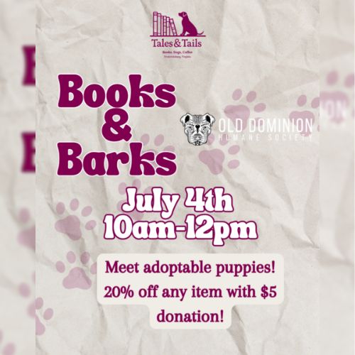 Event poster for "Books & Barks" hosted by Tales and Tales picture of a dog face and dog paws in the background