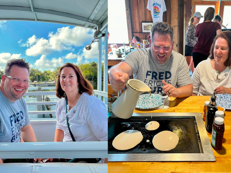 Two pictures of Mayor Devine and Chris Allen. Photo on the left of Chris and Mayor smiling at a camera on the boat. In the second photo, Chris pours pancake batter onto a griddle while Mayor Devine watches him pour.