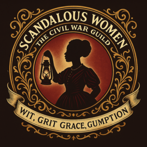 A circular emblem with the silhouette of a woman holding a lantern.