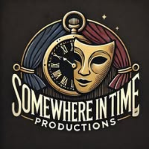 Logo for "Somewhere In Time Productions" featuring a theatrical mask overlaid on a pocket watch with curtains on either side.    