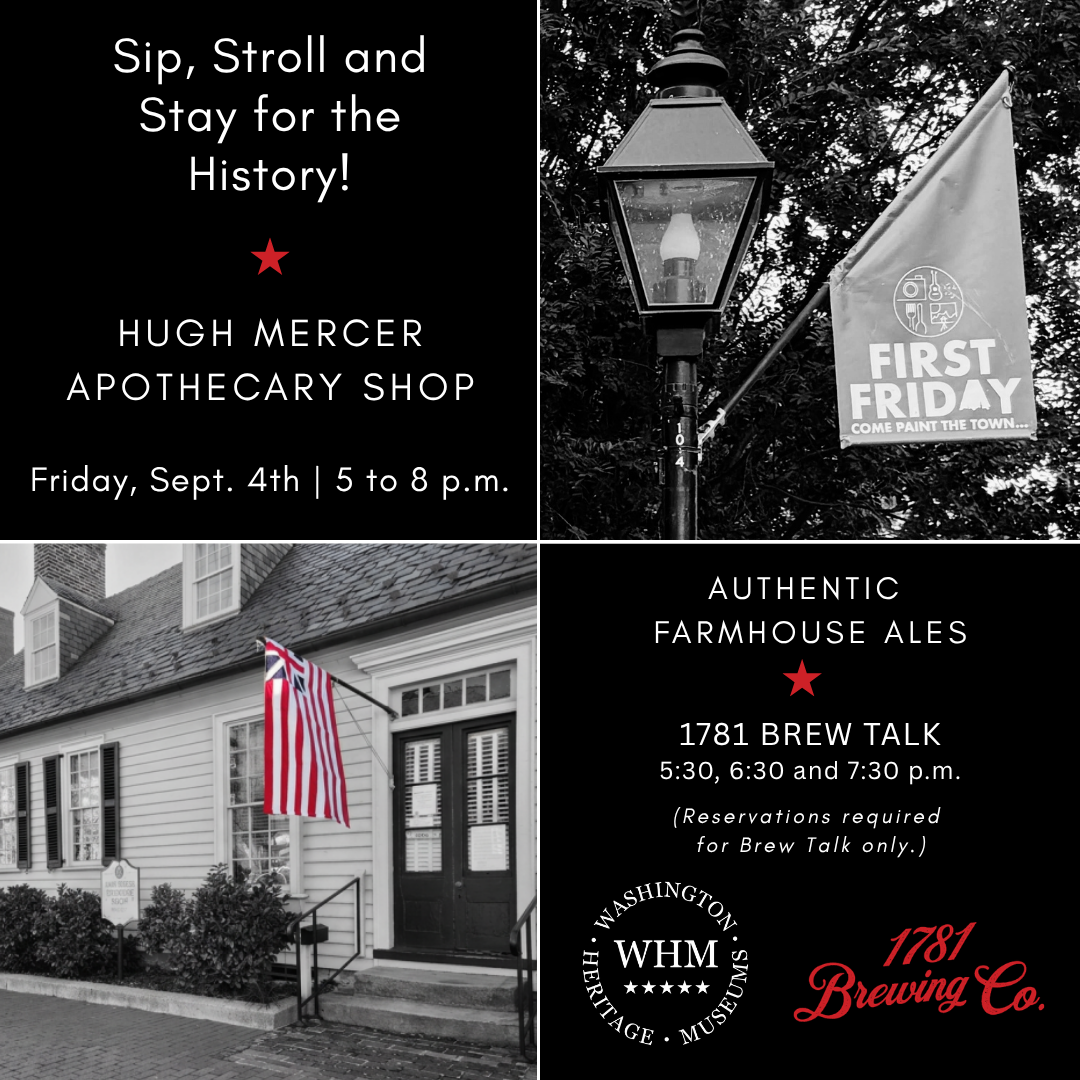 Exterior of the Hugh Mercer Apothecary Shop with an American Flag, street lamp with a first Friday Flag on it.