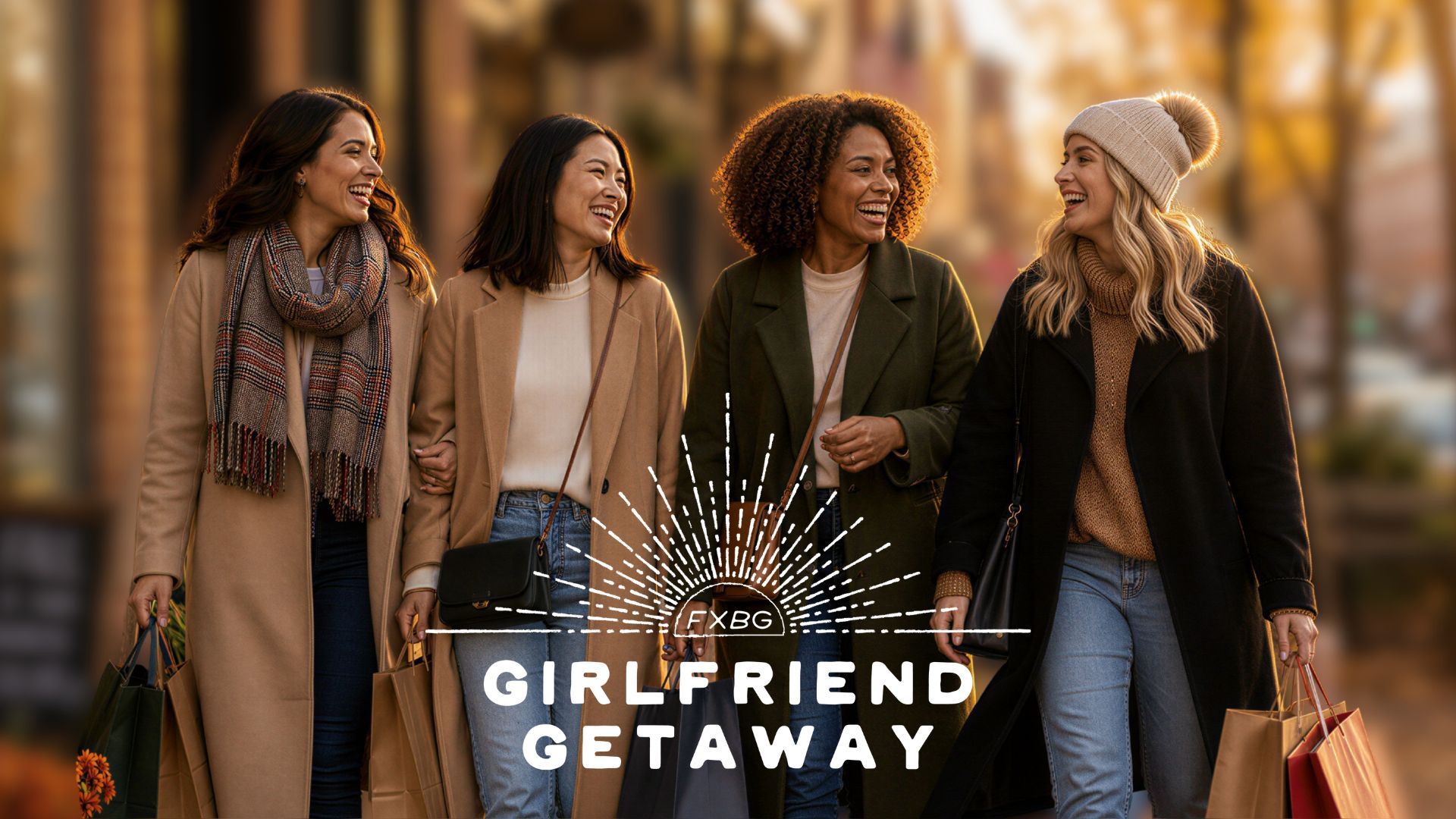 Four friends walking outdoors in a city street, smiling and carrying shopping bags, with a fireworks-style graphic and the text “GIRLFRIEND GETAWAY” overlaid near the bottom center.