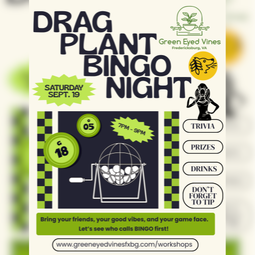Flyer for “Drag Plant Bingo Night” by Green Eyed Vines, featuring a bingo cage and checkered border, date Sept. 21 Saturday, event details for 7PM trivia, prizes, drinks, and a “Don’t forget to” reminder.