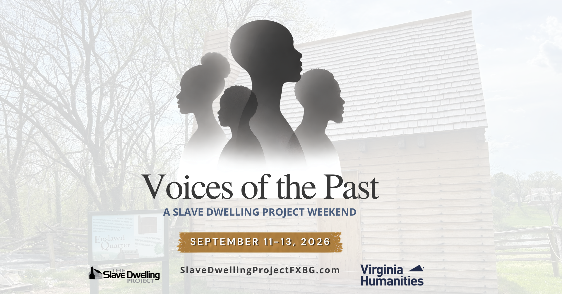 A rustic wooden cabin in the background. With Silhouettes of five individuals facing right, layered and faded against a white background.