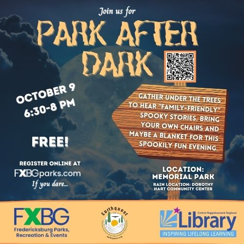 “Park after dark” event flyer for a free family-friendly spooky story night at Memorial Park on October 9 from 6:30–8 p.m., with online registration, bring-your-own chair and blanket, and a rain location at Dorothy Hart Community Center.