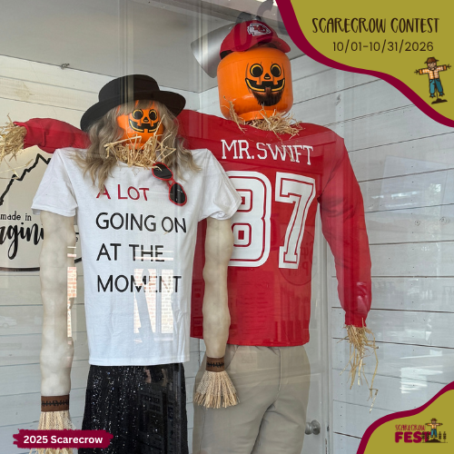 Two scarecrows in a window wearing Halloween-style orange jack-o’-lantern head and costumes. One in a white T-shirt with a printed slogan and the other in a red football jersey with the number 71 that says Mr. Swift