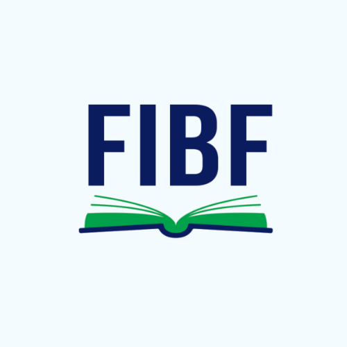 Blue “FIBF” letters above an open book with green pages and a green bookmark, centered on a light background.