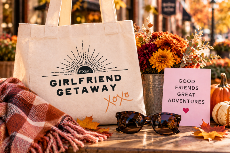 A beige tote bag on a table with the text “Girl Friend Getaway,” beside sunglasses, a small card reading “Good friends great adventures,” autumn leaves, pumpkins, and flowers in a fall street setting.