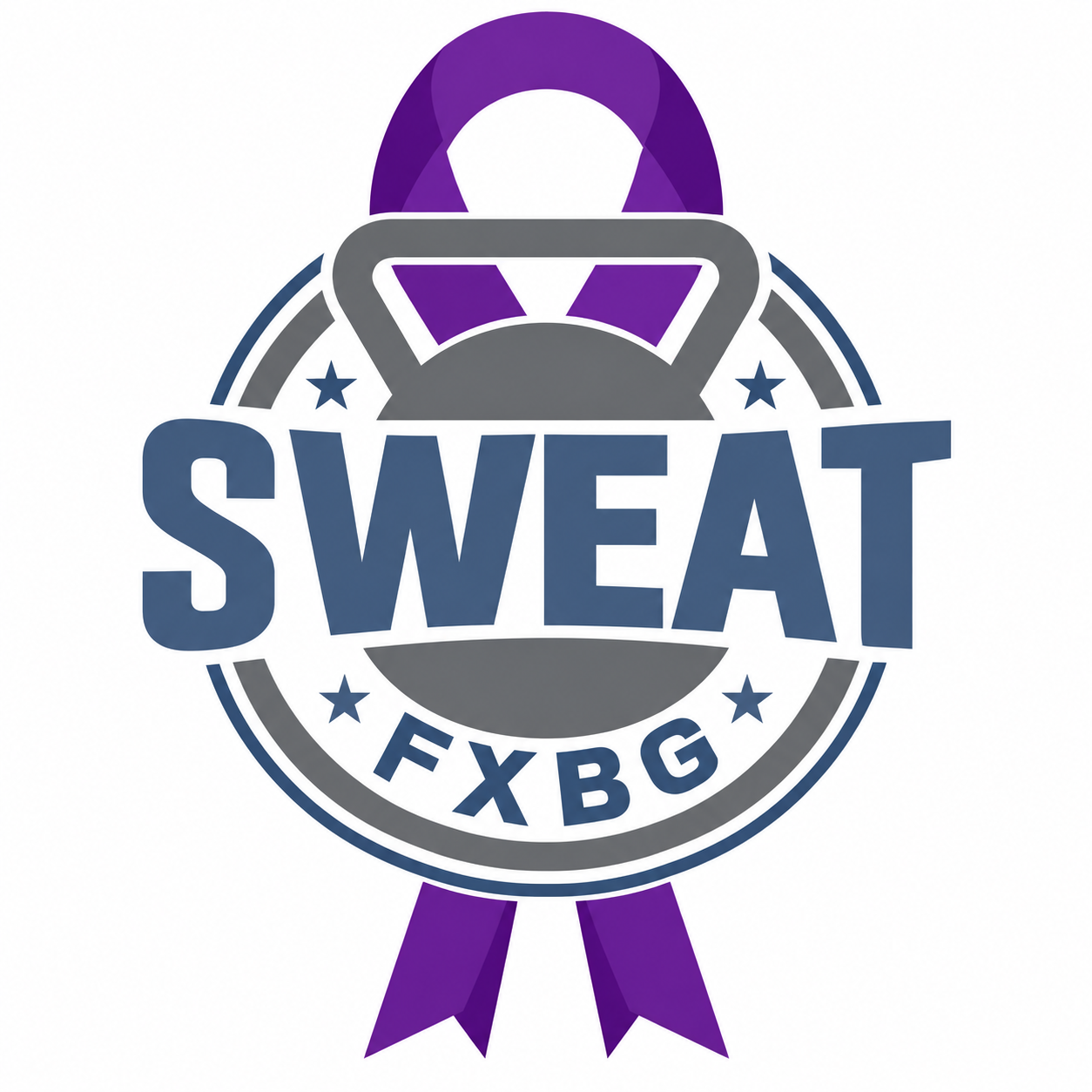 Purple ribbon badge with a gray shield and crown icon, blue star accents, and bold text reading “SWEAT” and “FXBG” on a white background.
