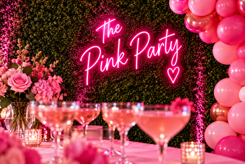 Pink neon sign reading “The Pink Party” on a floral green backdrop, with a decorated table of pink balloons, wine glasses, and candlelight at a party setting.