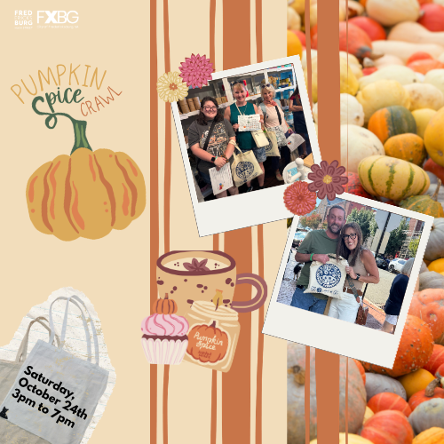 Pumpkin Spice Crawl Saturday, October 24 3pm to 7pm. Colorful pumpkins on the right with brown stripes over top the left side of the image. 2 white frames with people posing in the pictures enjoying a previous crawl