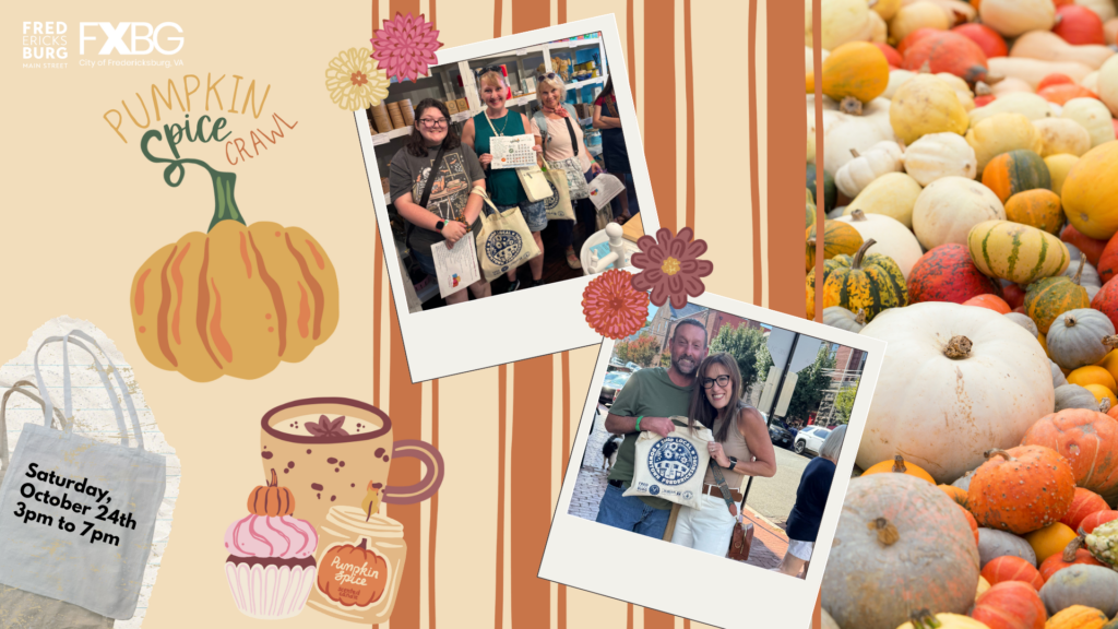 Pumpkin Spice Crawl Saturday, October 24 3pm to 7pm. Colorful pumpkins on the right with brown stripes over top the left side of the image. 2 white frames with people posing in the pictures enjoying a previous crawl