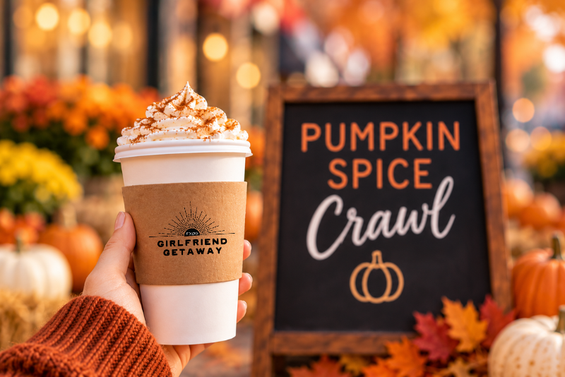 Hand holding a takeaway cup of pumpkin spice drink topped with whipped cream and sprinkles, with a chalkboard sign reading “PUMPKIN SPICE” and “Crawl” behind it amid autumn pumpkins and leaves.