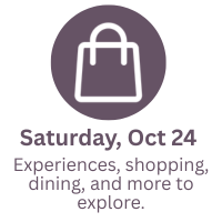 white shopping bag icon on top of a purple dot with text below - Saturday, Oct 24 Experience, shopping, dining and more to explore.