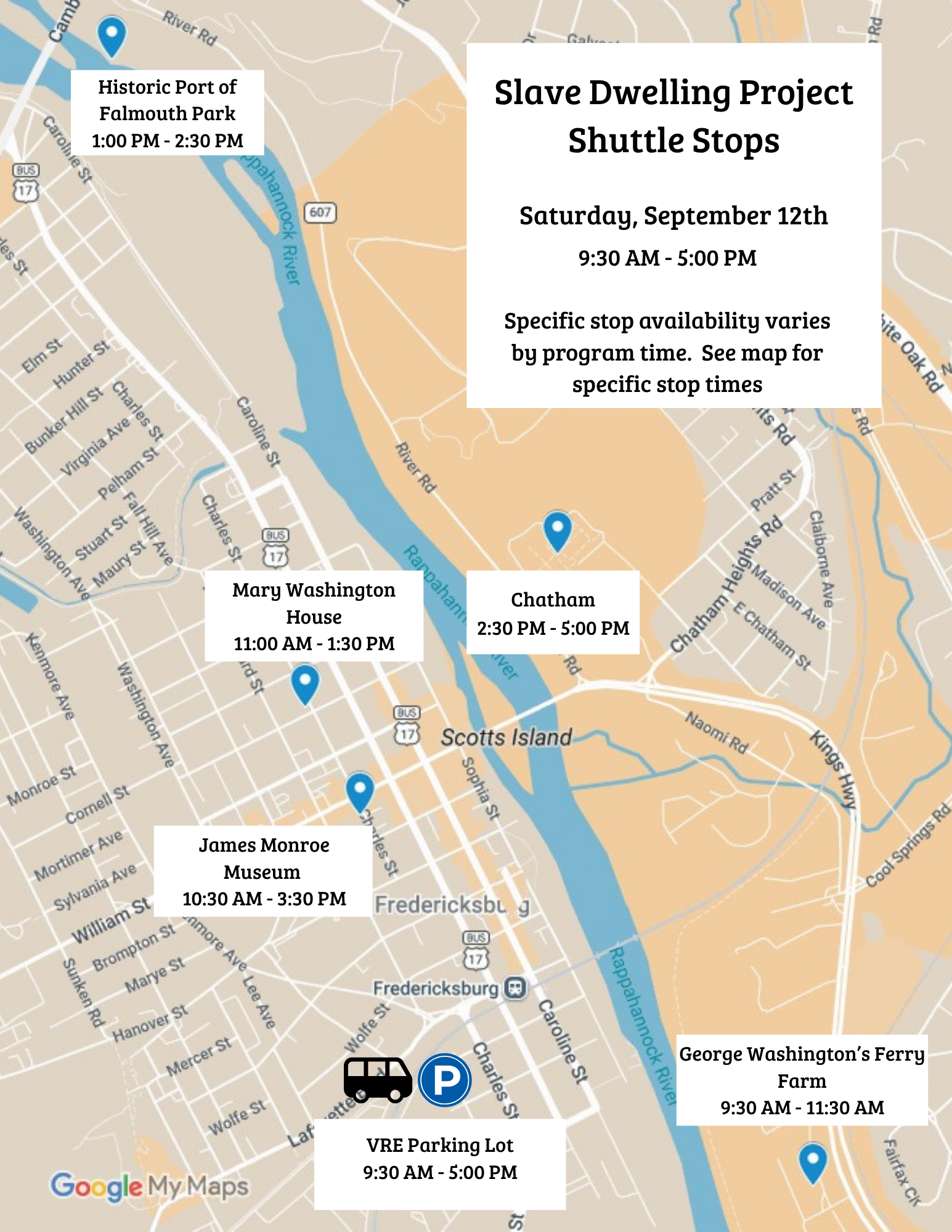 Street Map of Downtown Fredericksburg with specific stops marked indicating their availability during the Slave Dwelling Project on Saturday, September 12th.