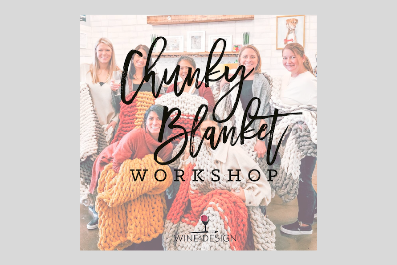 A group of women smiling while sitting and holding colorful knitted blankets in a cozy craft studio; large script text reads “Thank you, 2024 Blankets Workshop,” with “Wine & Design” below.