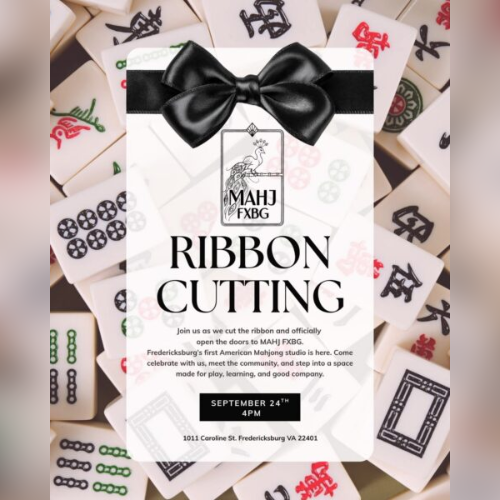 Promotional flyer for “MAHJ FXB9 RIBBON CUTTING” with a large black satin bow at the top, surrounded by scattered Mahjong tiles and a date/time and location block at the bottom.