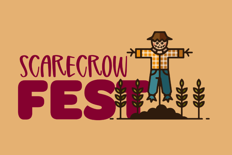 Pixel-art style logo reading “SCARECROW FEST” with a scarecrow standing in the center holding out its arms, and dark purple text “FEST” across the bottom with wheat-like plants on the ground.