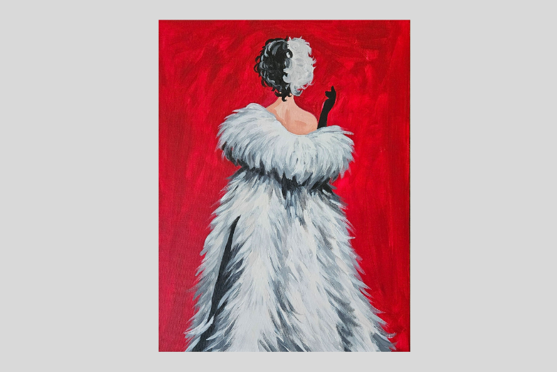 A woman in a fluffy white-and-black dress stands against a vivid red background, shown from behind and turned slightly to the right, with one arm raised holding a black feathered accessory.