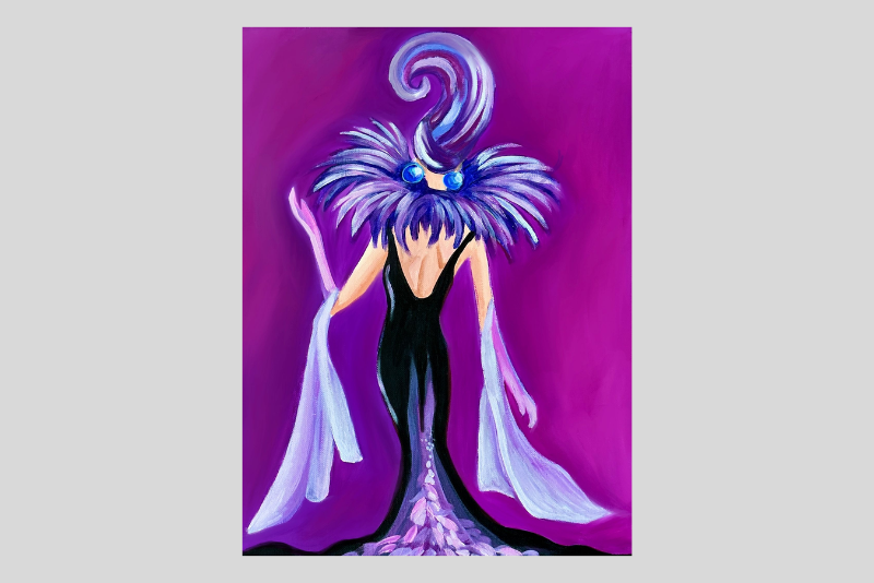 A stylized purple-robed figure kneels with flowing white sleeves and feathered purple hair, wearing a glowing blue gem-like headdress on a magenta background.