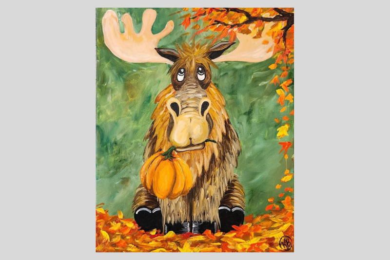 A brown horse with wide eyes holds a raised hand-like foreleg, surrounded by green hills and autumn leaves in orange and yellow, with scattered foliage around its hooves.