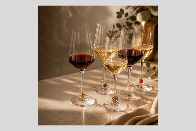 A table set with six stemmed wine glasses filled with red and white wine, illuminated by warm sunlight, with greenery and small decorative berries in the background.