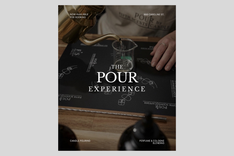 Close-up of a bar scene with hands pouring a green liquid into a metal measuring container on a branded tray, with a dark poster overlay reading “THE POUR EXPERIENCE” and “CANDLE POURING / PERFUME & COLOGNE BLENDING”.