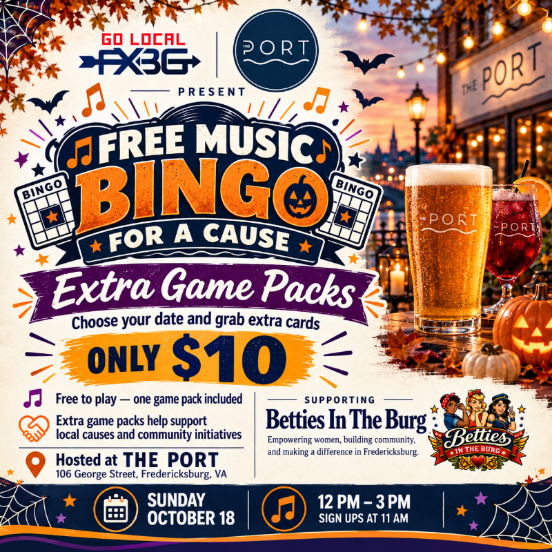 “Fall-themed flyer advertising Free Music Bingo for a Cause at The Port in Fredericksburg, Virginia, on Sunday, October 18, from 12–3 PM. Free to play with $10 extra game packs benefiting Betties in the Burg. The flyer features bingo cards, musical notes, autumn leaves, pumpkins, and drinks.”
