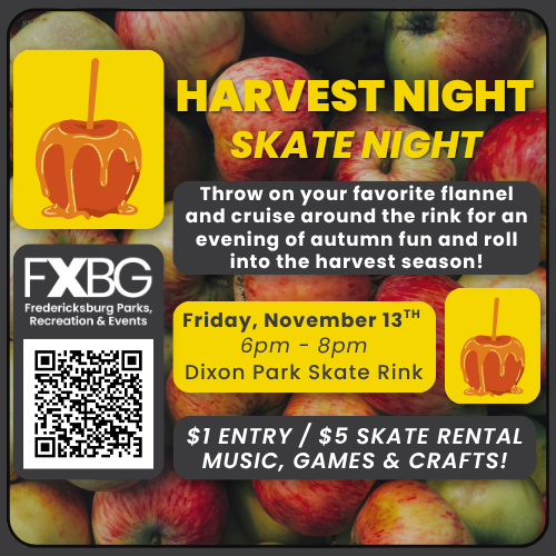 Flyer for “Harvest Night Skate Night” with a pumpkin icon, details for Friday Nov 13, 6pm–9pm at Dixon Park Skate Rink, $1 entry/$5 skate rental, and notes to bring food for a community harvest donation.